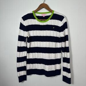 Lilly Pulitzer Cable Knit Striped Sweater Women’s L Navy White Cotton Palm